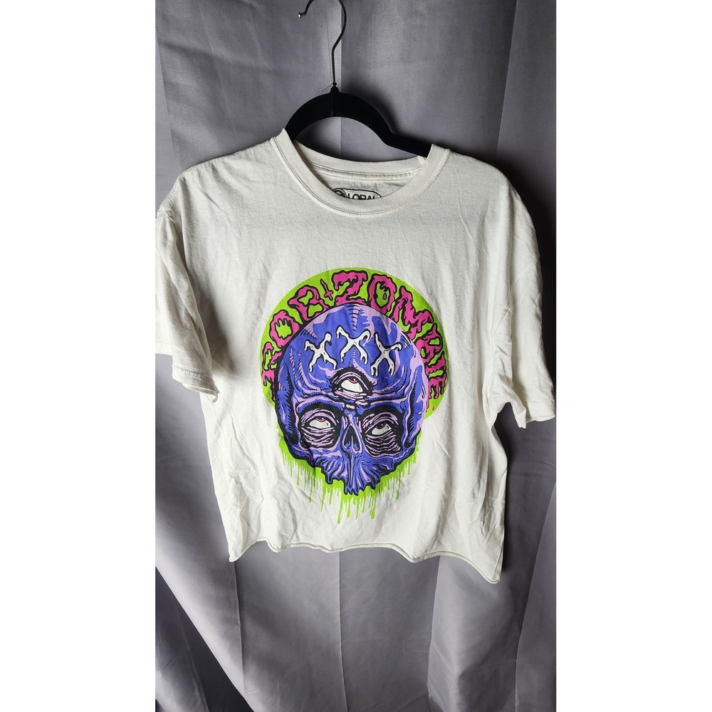 Rob Zombie Alien Skull Graphic Tee White Cotton Raw Hem Cropped Shirt Large 2021